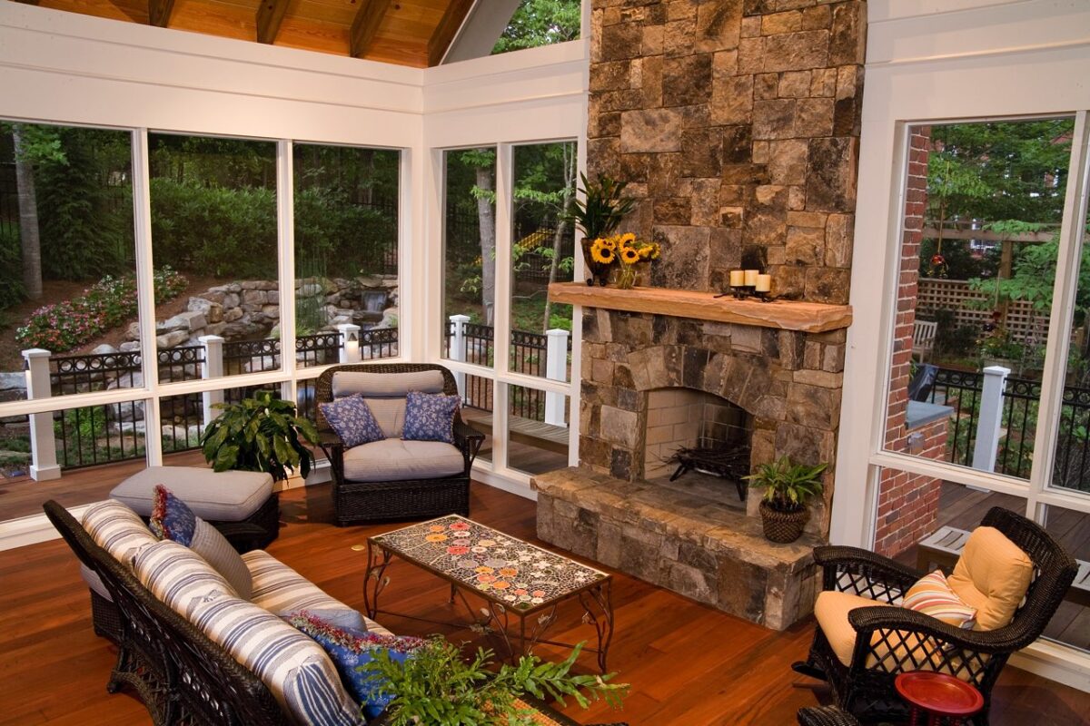fireplace and furniture in porch